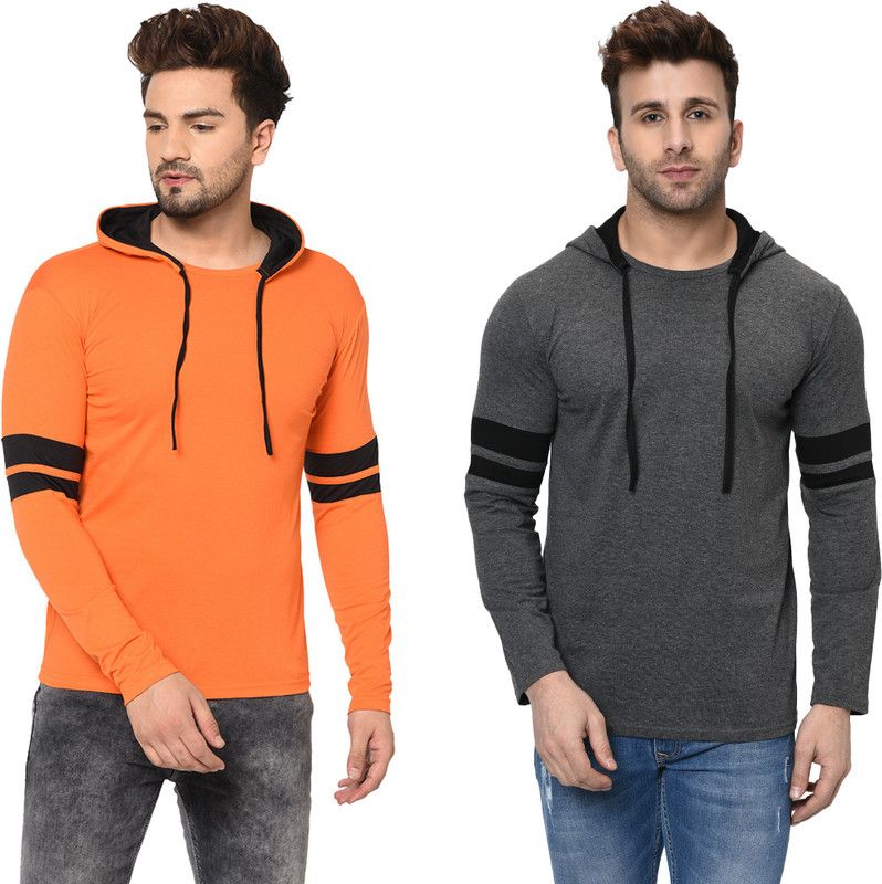 Pack of 2 Double Hood Combo Men Solid Hooded Neck Cotton Blend Black, Orange, Grey T-Shirt