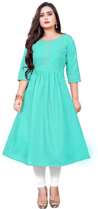 Women Solid Cotton Blend Flared Kurta  (Light Green)