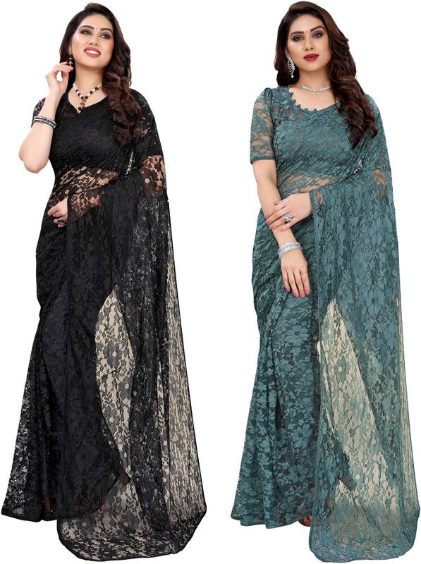 Fashion Net Saree  (Black, Grey)