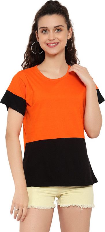Women Colorblock Round Neck Pure Cotton Black, Orange T-Shirt