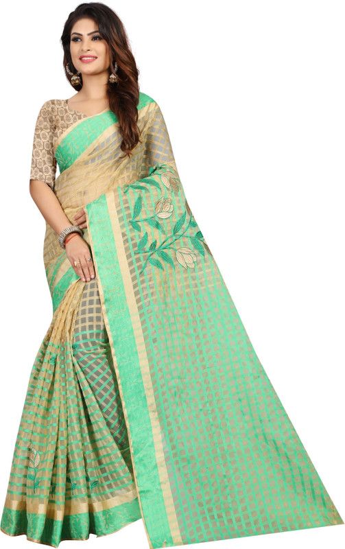 Embroidered, Checkered Bollywood Cotton Blend Saree  (Green, Beige)