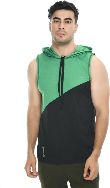 Men Colorblock Hooded Neck Elastane Green T-Shirt