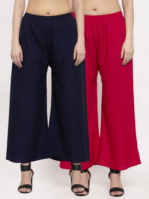 Pack of 2 Women Relaxed Blue, Pink Cotton Blend Trousers