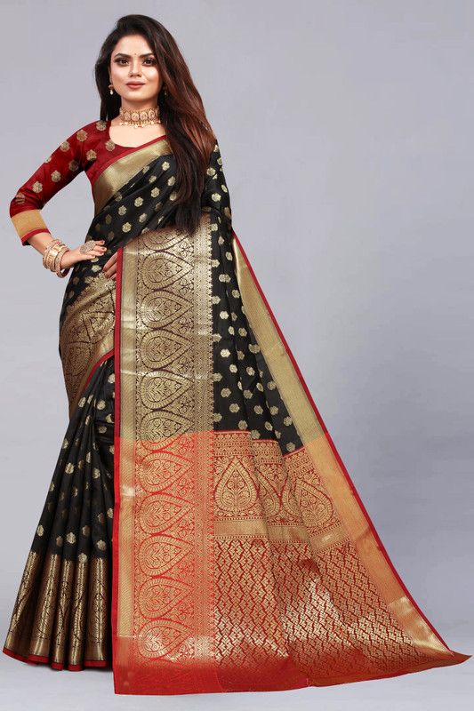 Embroidered, Woven, Checkered Dharmavaram Jacquard, Cotton Silk Saree  (Black)
