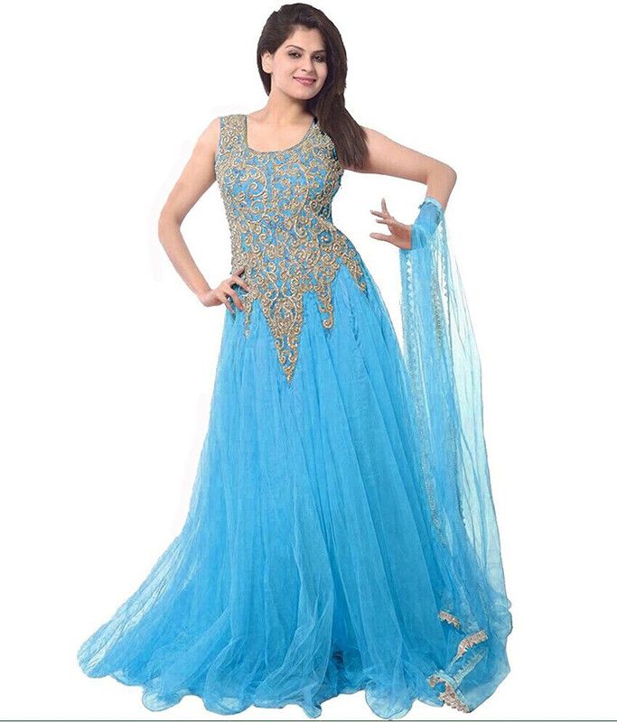 Embroidered Cotton Blend Semi Stitched Flared/A-line Gown  (Light Blue)