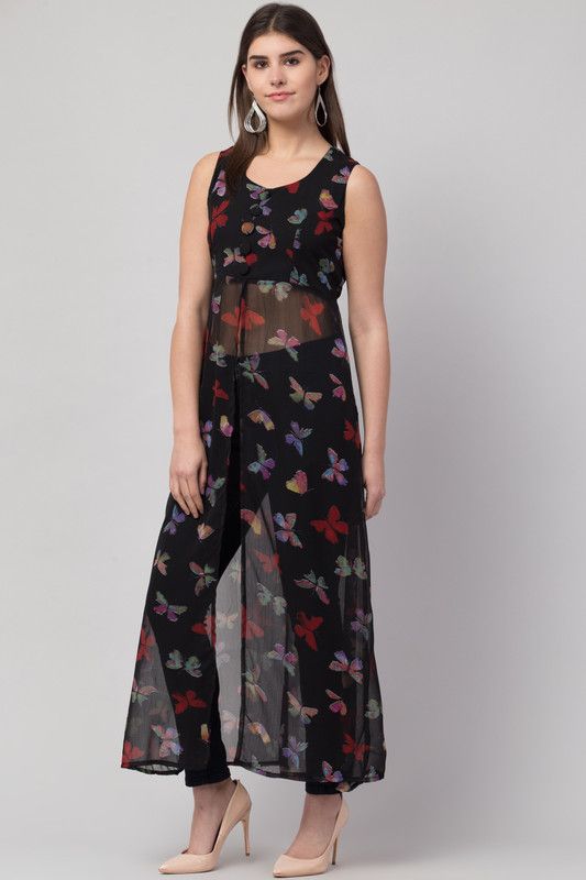 Women Printed Georgette Frontslit Kurta  (Multicolor)