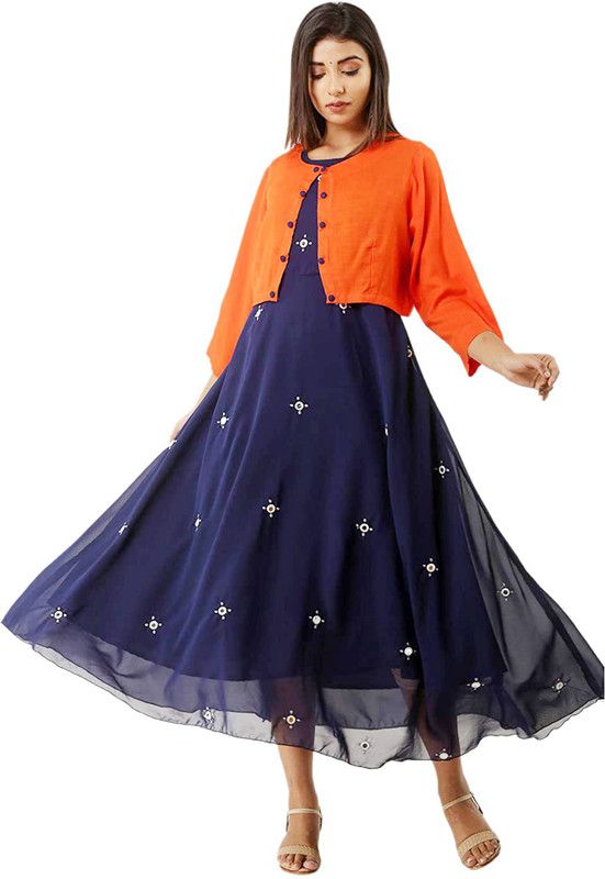 Georgette Stitched Anarkali Gown  (Dark Blue)