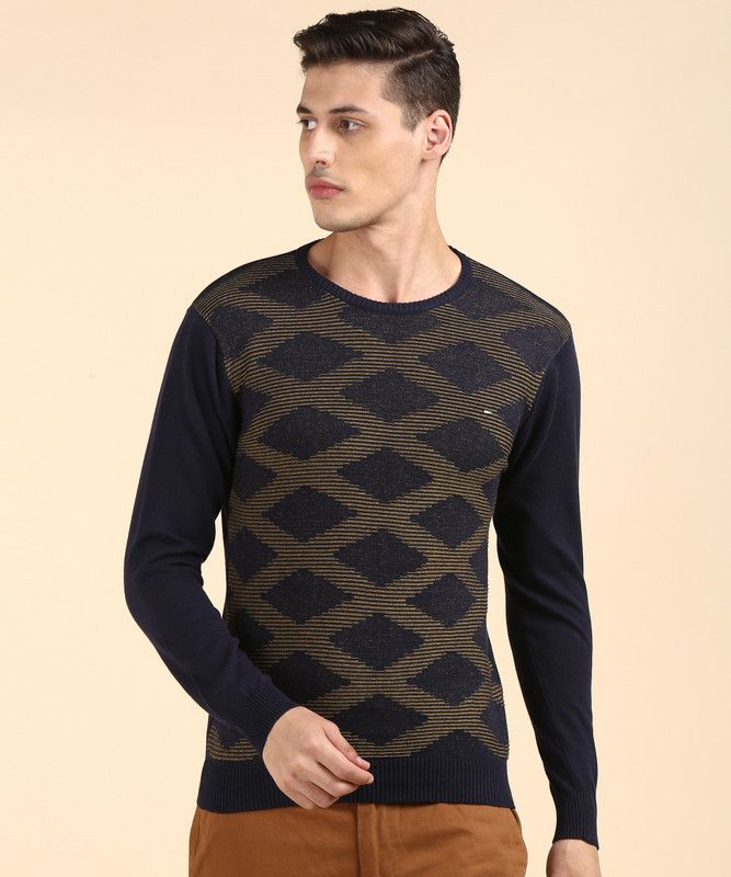 Men Printed Round Neck Beige, Blue Sweater