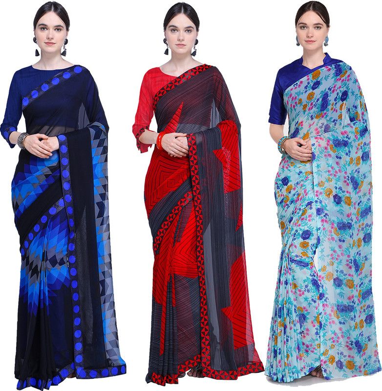 Geometric Print Bollywood Georgette Saree  (Pack of 3, Blue)