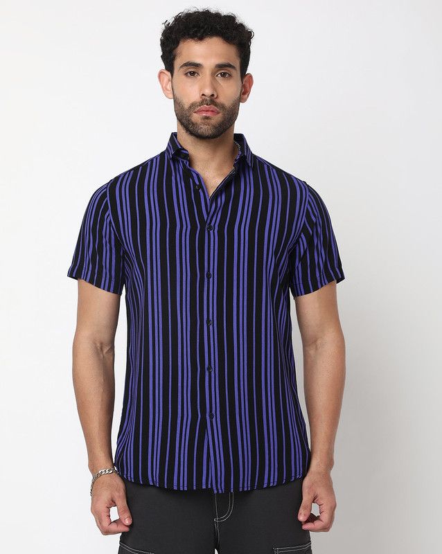 Men Striped Casual Black, Blue Shirt