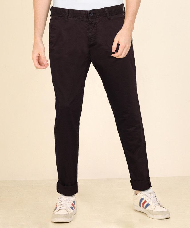 Men Slim Fit Purple Cotton Blend Trousers