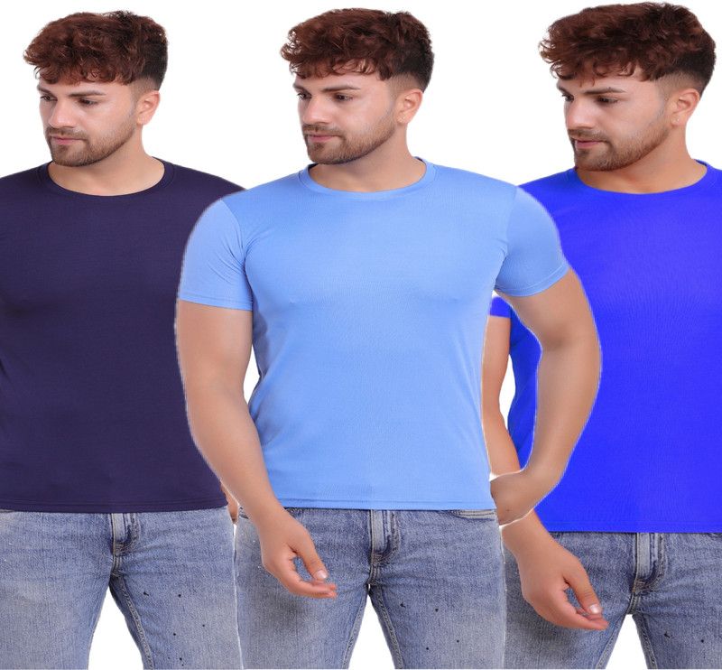 Solid Men Blue, Light Blue, Blue T-Shirt  (Pack of 3)