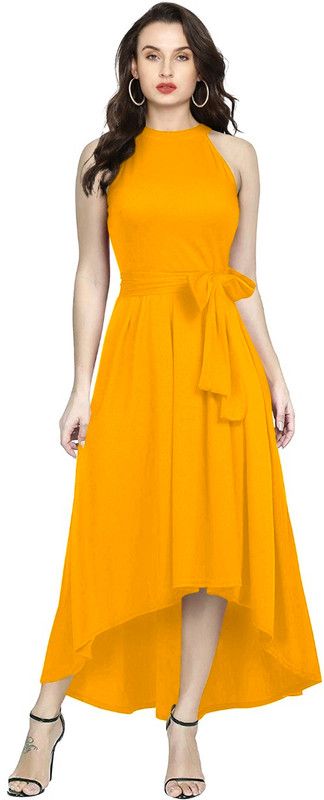 Solid Cotton Rayon Stitched Flared/A-line Gown  (Yellow)