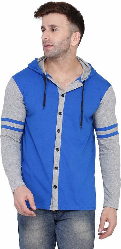 Men Colorblock Hooded Neck Cotton Blend Blue, Grey T-Shirt