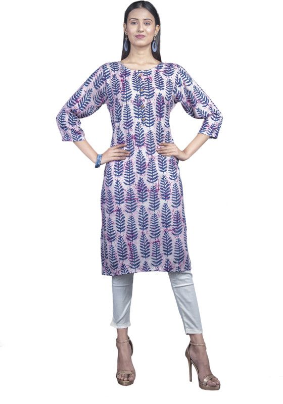 Women Printed Viscose Rayon Straight Kurta  (Blue, Pink)