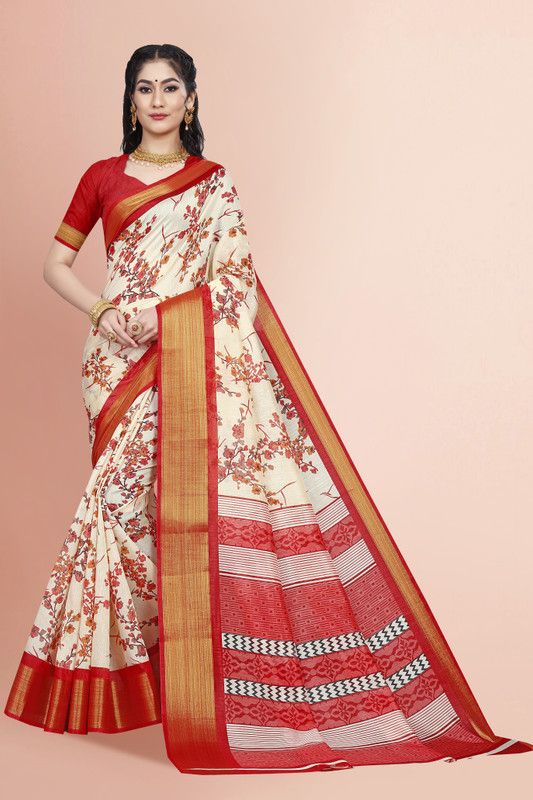 Floral Print Bollywood Cotton Silk Saree  (Red, White)