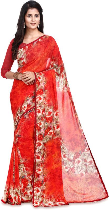 Printed, Floral Print Bollywood Georgette Saree  (Red, Orange)