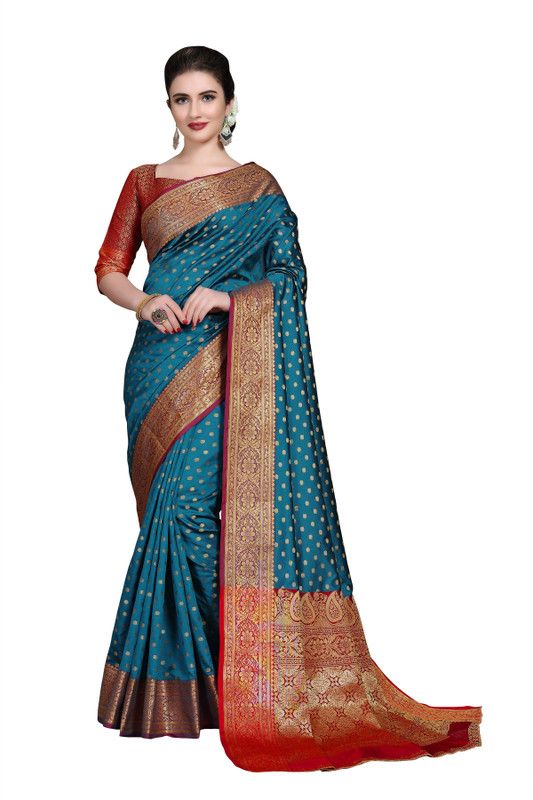 Self Design, Woven Banarasi Silk Blend Saree  (Light Blue)