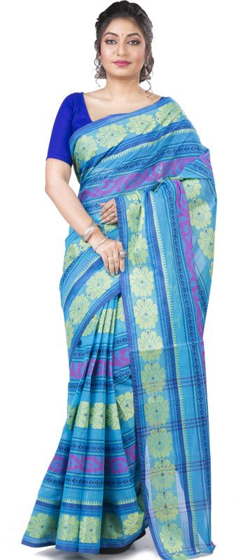 Self Design, Woven, Embellished Tant Pure Cotton Saree  (Light Blue)