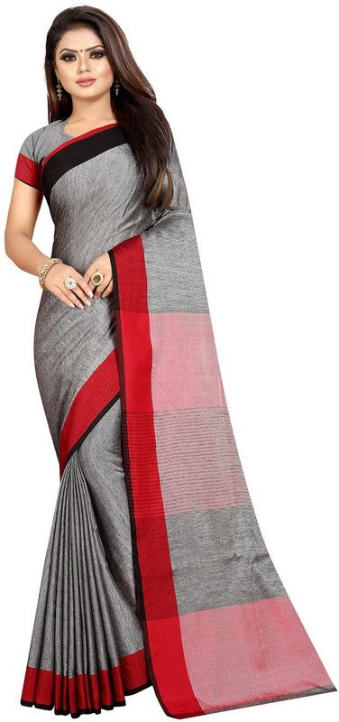 Self Design Handloom Cotton Linen Saree  (Grey)