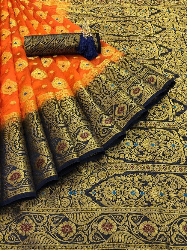 Woven Kanjivaram Silk Blend Saree  (Dark Blue, Orange)