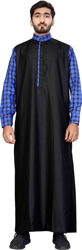 Men Checkered Cotton Blend A-line Kurta  (Blue, Black)