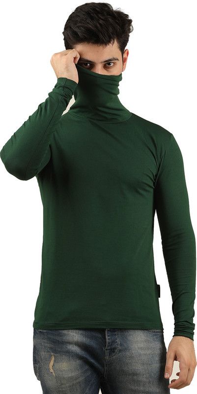Men Solid Turtle Neck Cotton Blend Dark Green T-Shirt