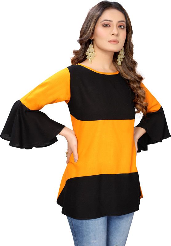 Casual Bell Sleeves Solid Women Black, Yellow Top
