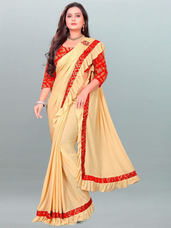 Solid/Plain Bollywood Lycra Blend Saree  (Beige)