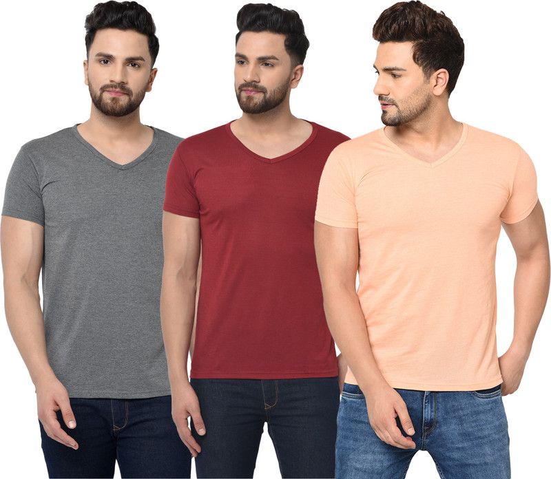 Pack of 3 Men Solid V Neck Cotton Blend Maroon, Orange, Grey T-Shirt