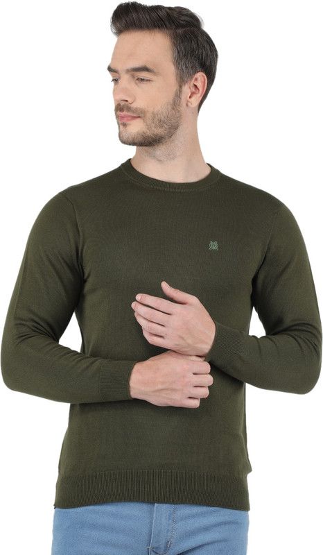 Men Solid Round Neck Green Sweater