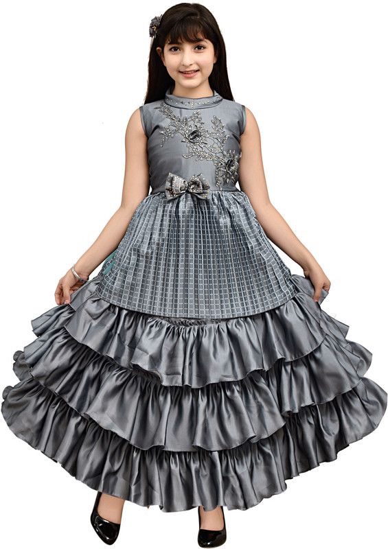 Girls Maxi/Full Length Casual Dress  (Grey, Sleeveless)