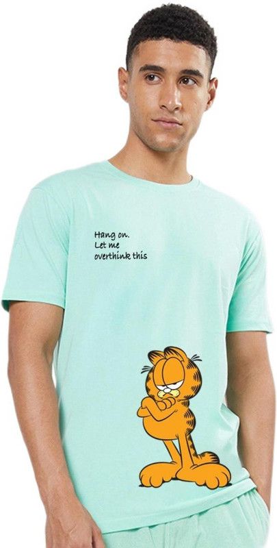 T-shirt Men Printed Round Neck Pure Cotton Light Blue T-Shirt