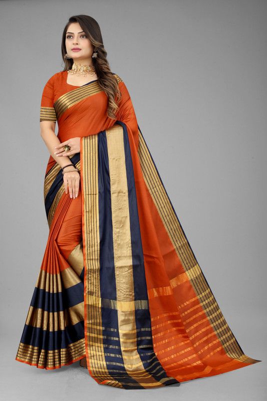 Striped Banarasi Cotton Silk Saree  (Orange)