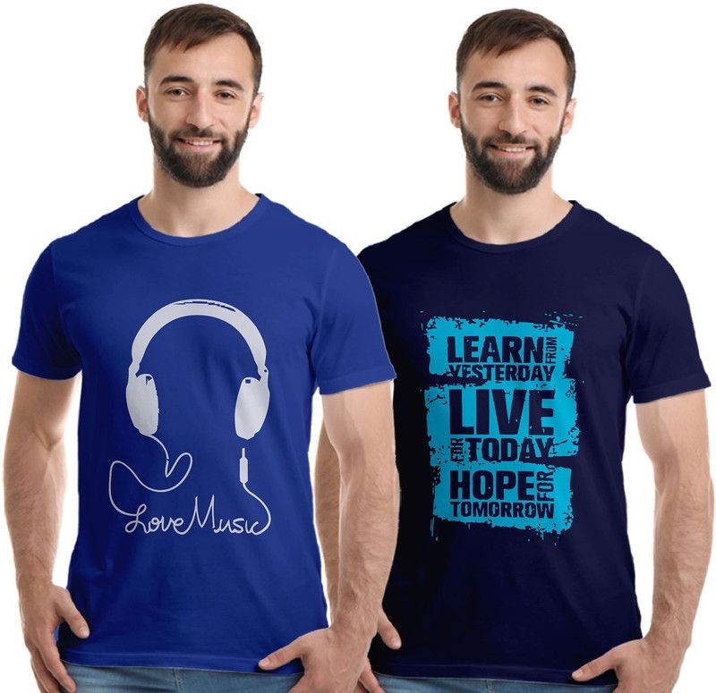 Pack of 2 Men Printed Round Neck Pure Cotton Dark Blue, Light Blue T-Shirt