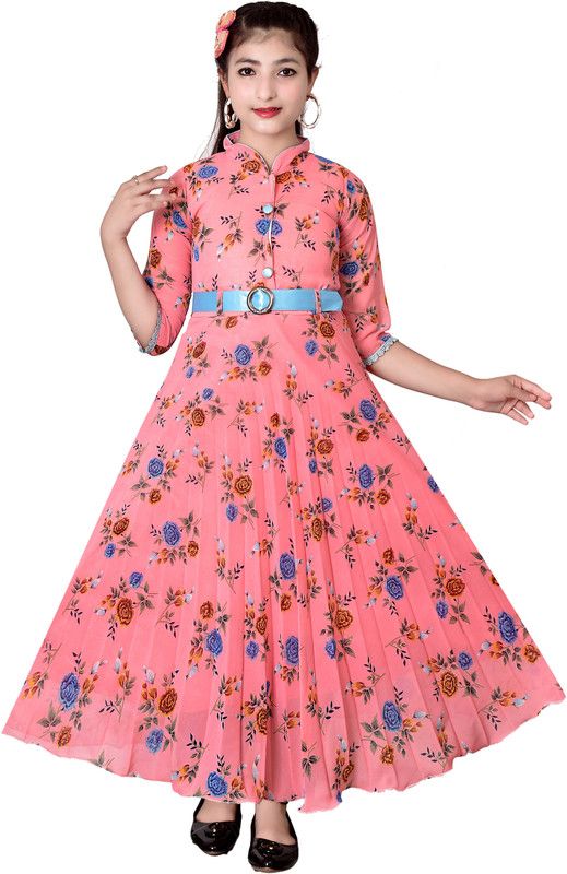 Georgette Stitched Flared/A-line Gown  (Pink)