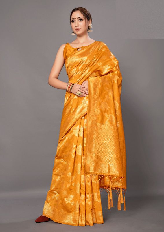 Woven Bollywood Silk Blend Saree  (Mustard)