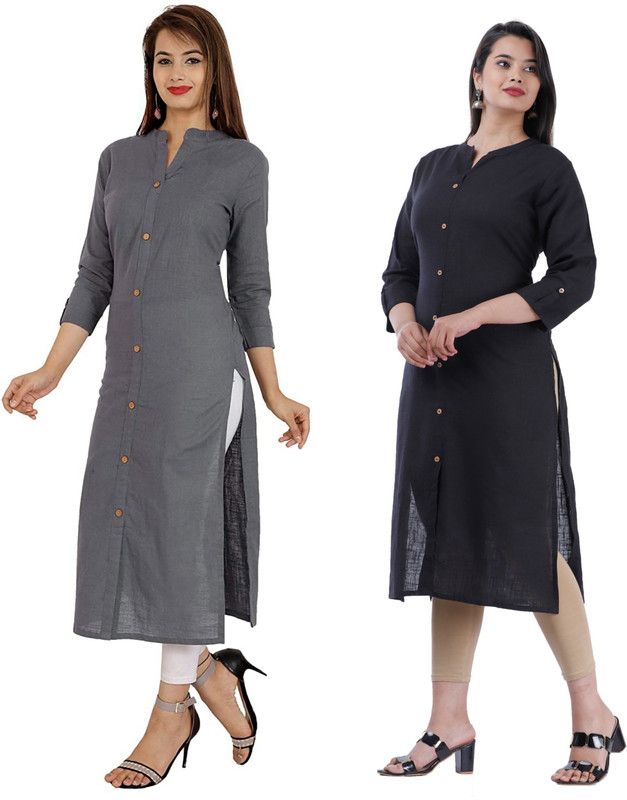 Pack of 2 Women Solid Pure Cotton Straight Kurta  (Black, Grey)