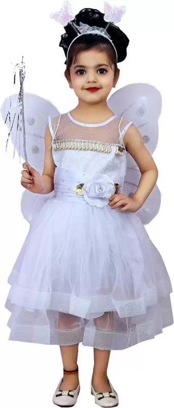 Girls Calf Length Festive/Wedding Dress  (White, Short Sleeve)
