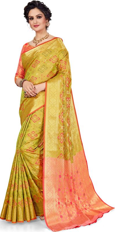 Self Design Banarasi Silk Blend Saree  (Green, Pink)