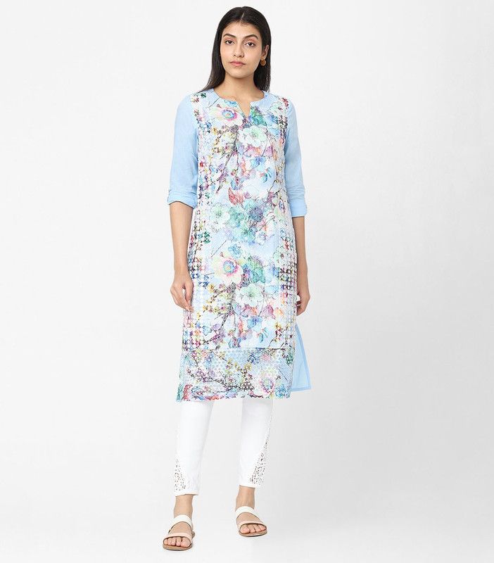 Women Chikan Embroidery Pure Cotton Straight Kurta  (Light Blue)