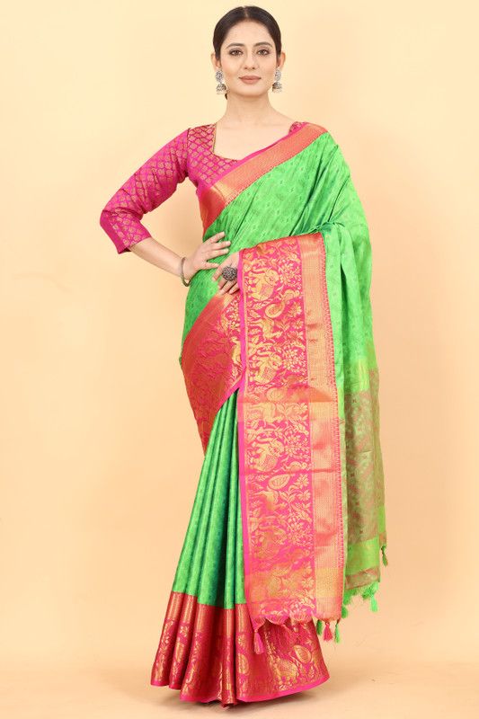 Woven Assam Silk Jacquard, Cotton Silk Saree  (Green)