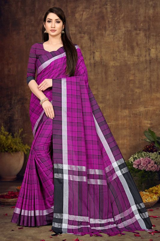 Checkered Bollywood Cotton Silk Saree  (Purple)