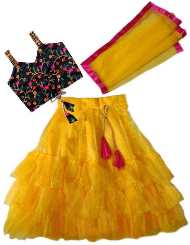 Girls Lehenga Choli Party Wear Embroidered Lehenga, Choli and Dupatta Set  (Yellow, Pack of 1)