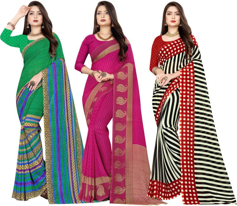 Printed Daily Wear Georgette Saree  (Pack of 3, Red, Green, White, Pink, Black)