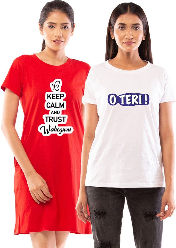 Pack of 2 Punjabi Theme - Women's Printed T shirt Women Printed Round Neck Pure Cotton Red, White T-Shirt
