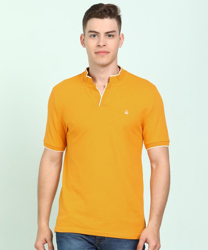 Men Solid Mandarin Collar Cotton Blend Yellow T-Shirt