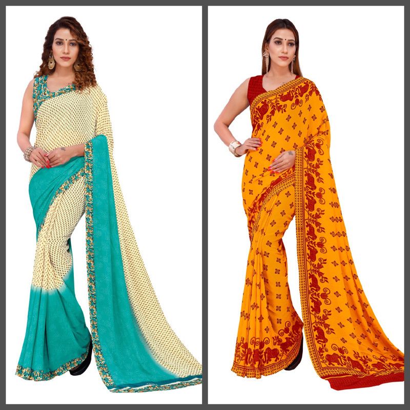 Floral Print, Polka Print Daily Wear Georgette Saree  (Yellow, Light Blue)