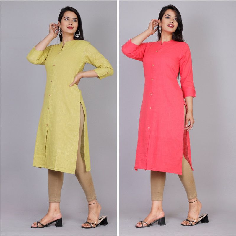 Pack of 2 Women Solid Pure Cotton Frontslit Kurta  (Red, Green)