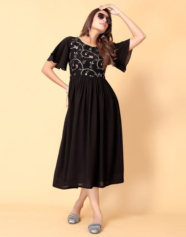 Women Dyed/Ombre, Embroidered, Embellished, Solid Georgette A-line Kurta  (Black)